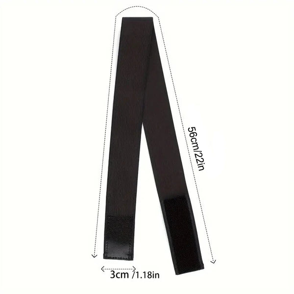Banda de agarre elástica negra mostrada verticalmente con medidas de 56cm/22in y 3cm/1.18in.