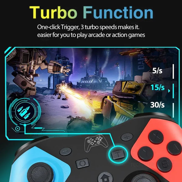 A close-up view of a black and orange wireless game controller with blue accents, showing its trigger mechanism.