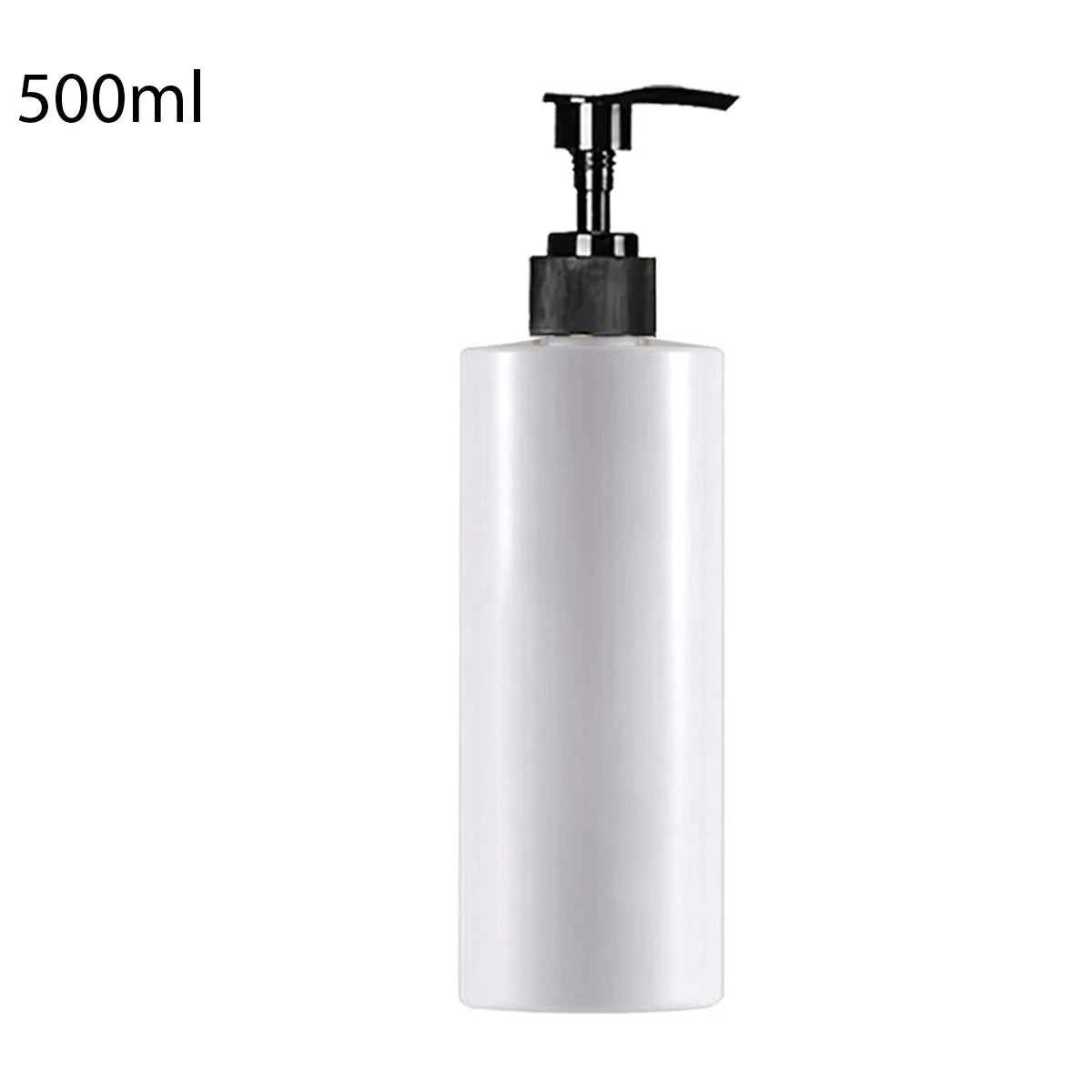 A white 500ml refillable shampoo and lotion dispenser bottle with a black pump top.