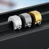 Three adjustable aluminum sliding window lock stoppers in silver, gray, and gold mounted on a black frame.