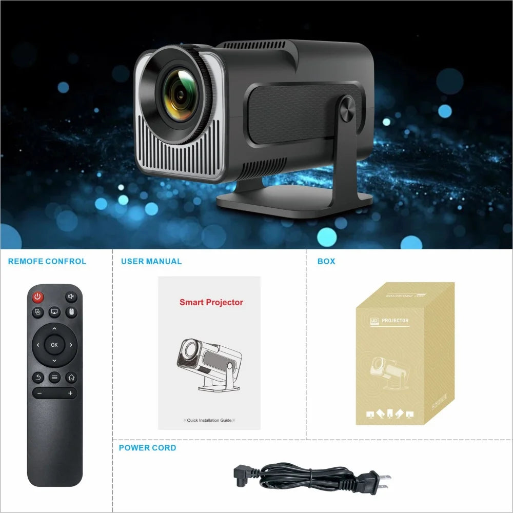 A black portable Android projector is shown with its remote control, user manual, and box packaging.