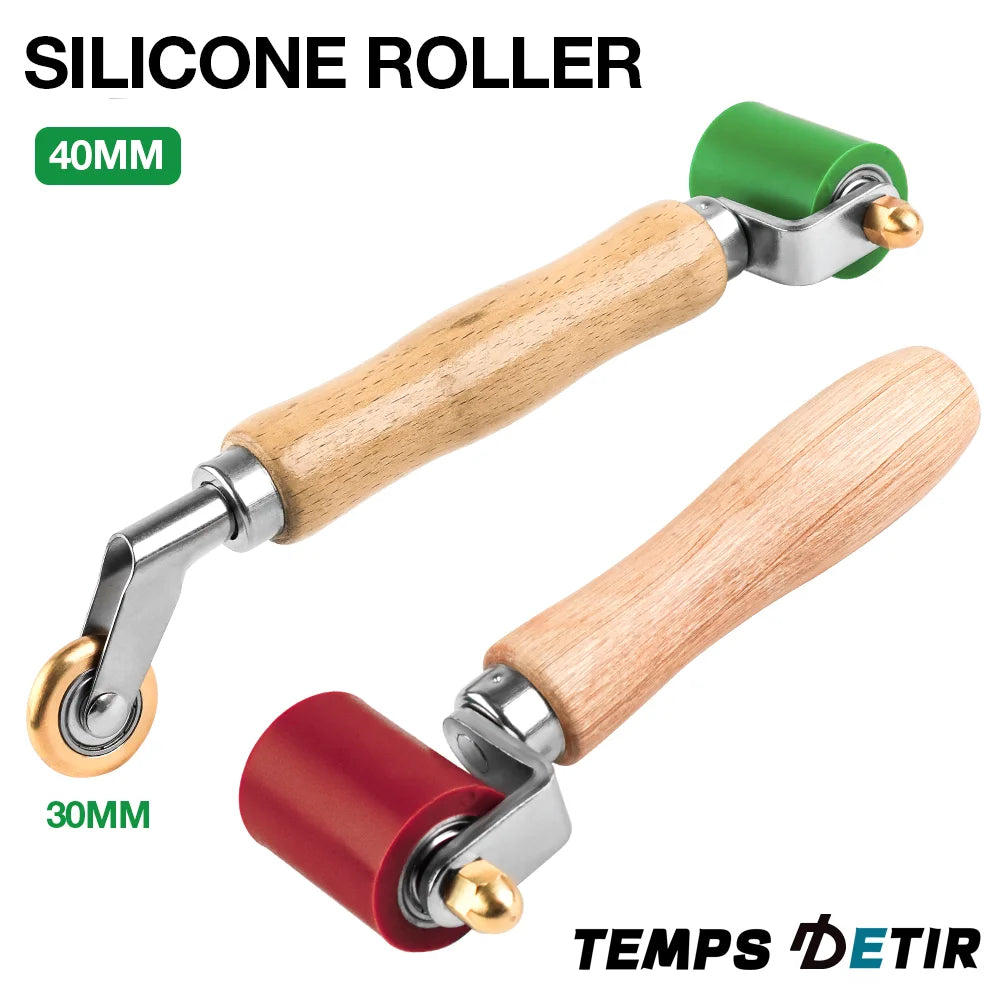 A silicone roller tool with a wooden handle and metal components is shown, featuring 40mm and 30mm sizes.