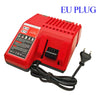 Red Milwaukee 14.4V/18V Li-ion battery charger with a black power cord and EU plug.