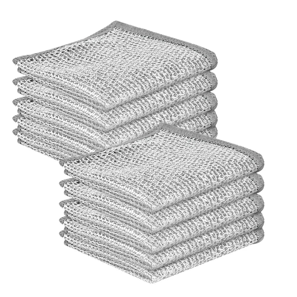 A stack of ten reusable steel wire scrubber dishcloths in silver gray.