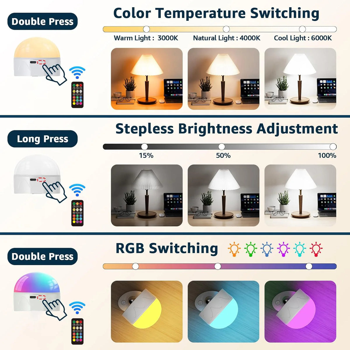 Image showing features of a rechargeable LED smart bulb including color temperature switching and brightness adjustment.