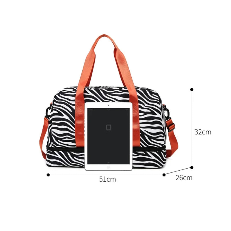An animal print water-resistant duffle bag with wet/dry compartments shown flat.