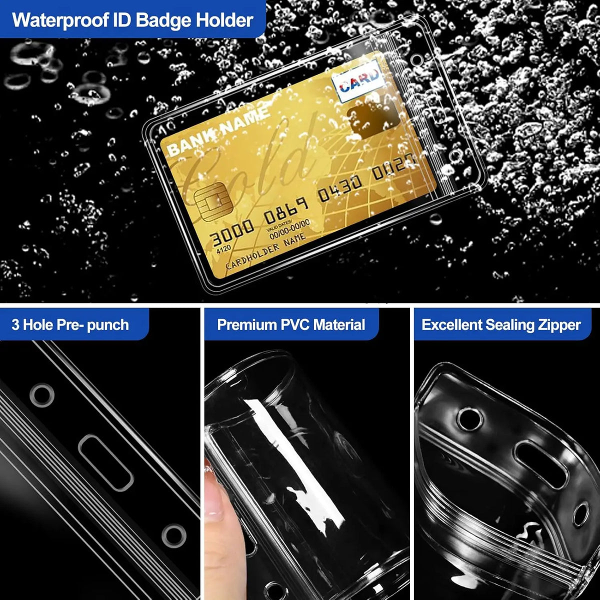 Clear waterproof ID badge holder with a lanyard slot shown in various angles.