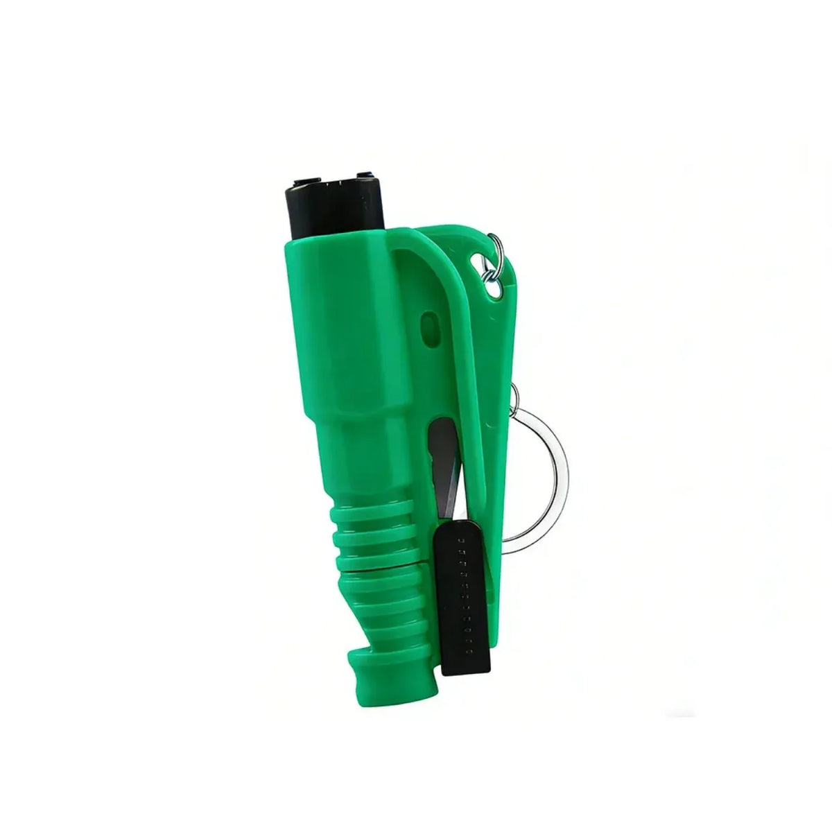 A green 3-in-1 car emergency escape tool with a window breaker and seatbelt cutter.