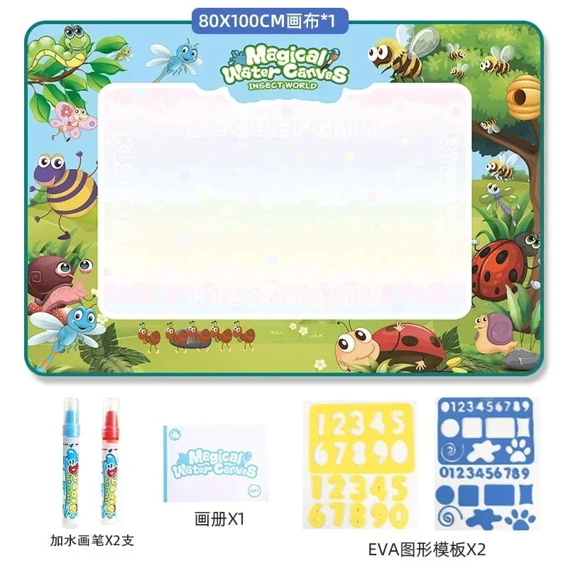 A large reusable water drawing mat with magic pens and various insects for kids