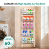 A white multi-tier storage rack made of high-quality carbon steel holding various household items like cleaning supplies and 