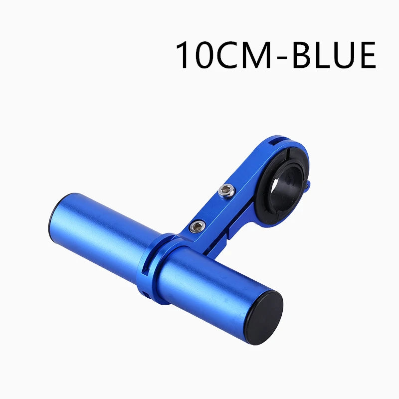 A blue aluminum alloy bicycle handlebar extender mount with a black connector.