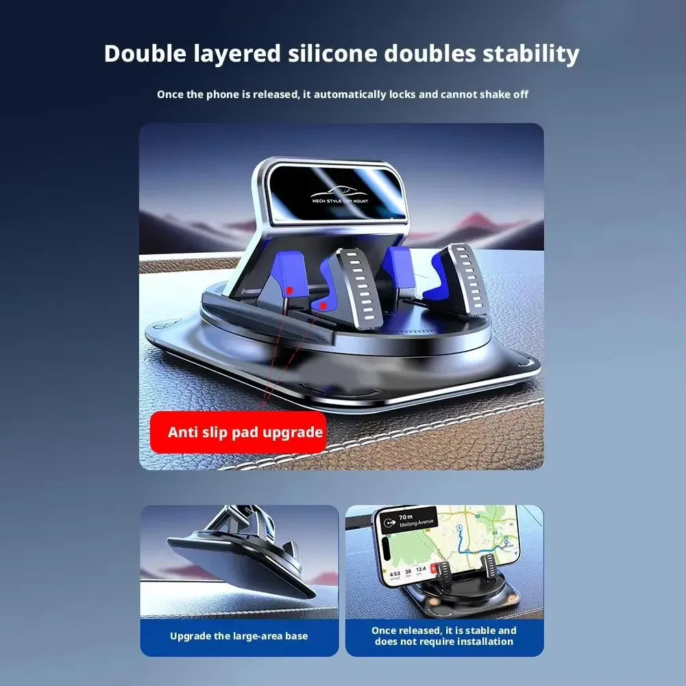 A black 360 degree rotatable car phone mount with a nano-gel base shown in various configurations.