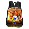 Black backpack featuring a large graphic of soccer players celebrating on a stadium field.