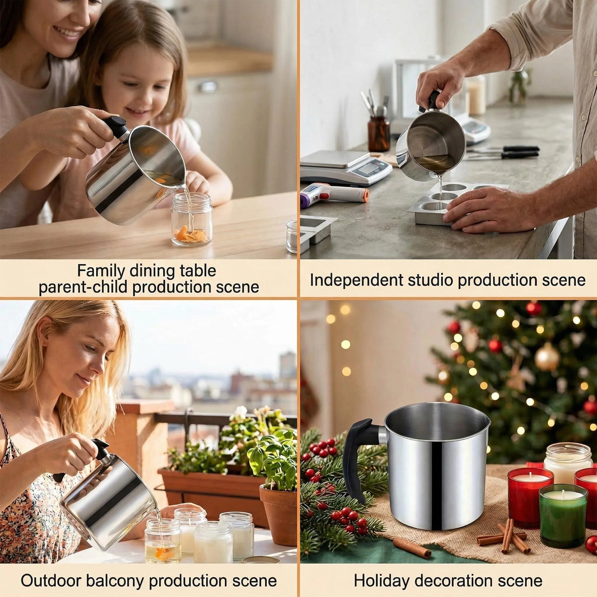 Various scenes showing a stainless steel wax melting pitcher used in family dining, studio production, outdoor balcony, and h