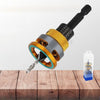 A close-up view of an adjustable depth countersink drill bit set with a yellow and black handle and a metal bit tip on a wood
