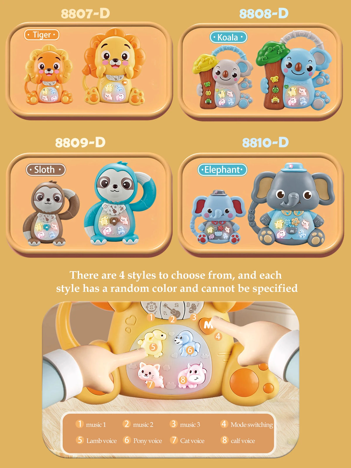 A collection of musical animal piano toys including Tiger, Koala, Sloth, and Elephant models.