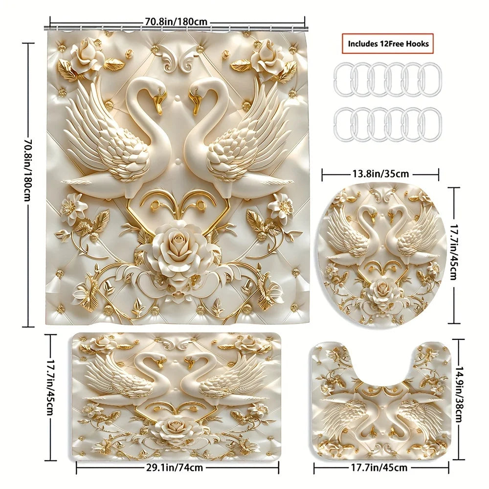 A luxury bathroom set featuring 3D carved white swans and roses in gold accents.