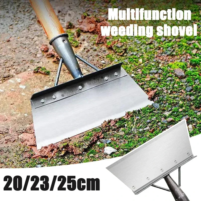 A close-up of a multifunction weeding shovel with a metal blade and wooden handle being used in dirt and mossy ground.