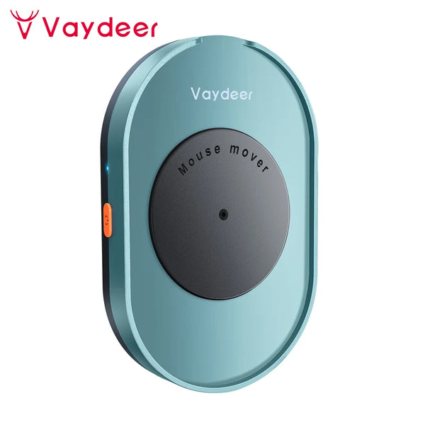 A teal USB mouse jiggler with a round sensor and an on/off switch is shown.