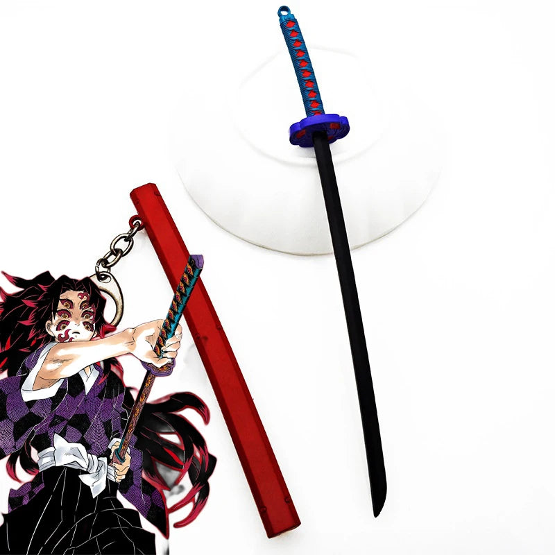 A replica metal sword resembling a katana with a blue hilt and a red blade is shown next to an illustration of a character.