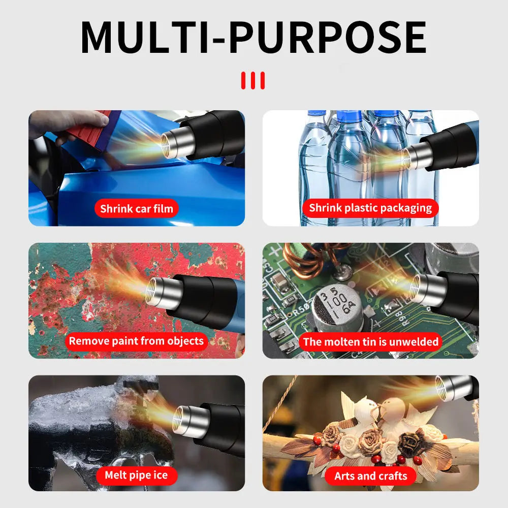 A multi-purpose digital heat gun is shown in various applications including shrinking car film, removing paint, melting tin, 