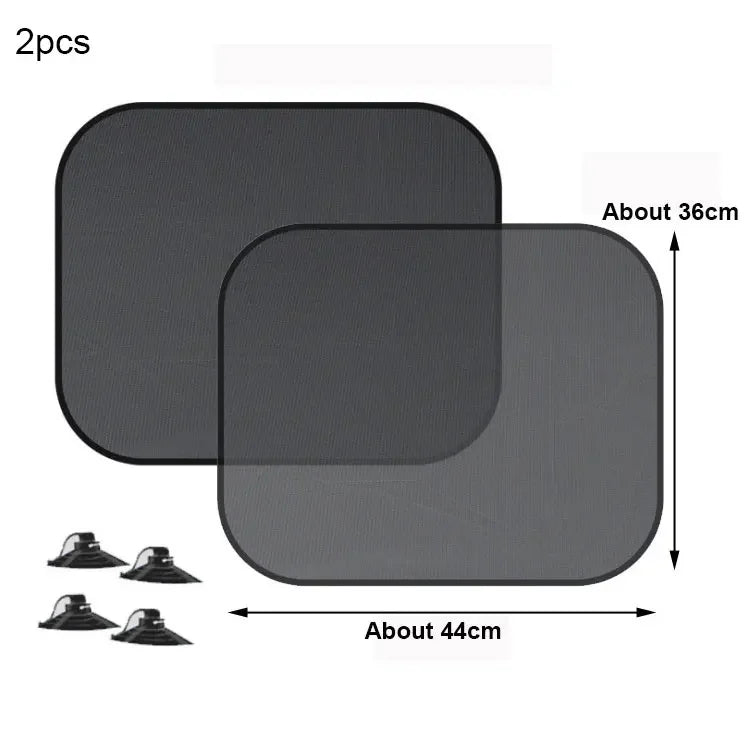 Two black car side window sun shades with suction cups shown next to a measurement scale.