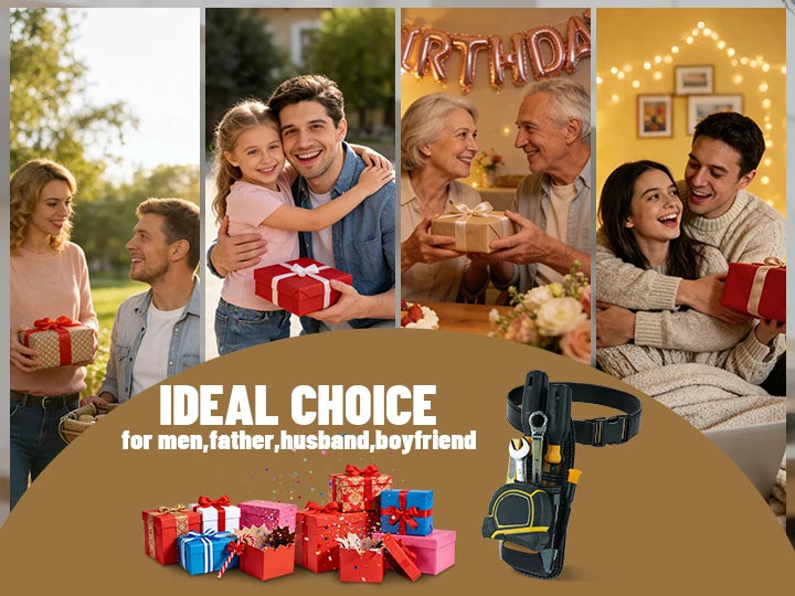A compact clip-on tool pouch with a black belt holster shown next to various gift boxes.