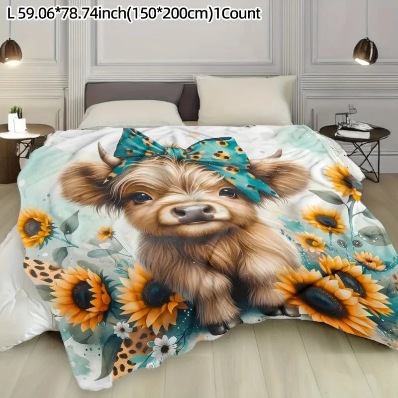 A fluffy brown dog wearing a blue floral bow is featured on a light green flannel throw blanket.