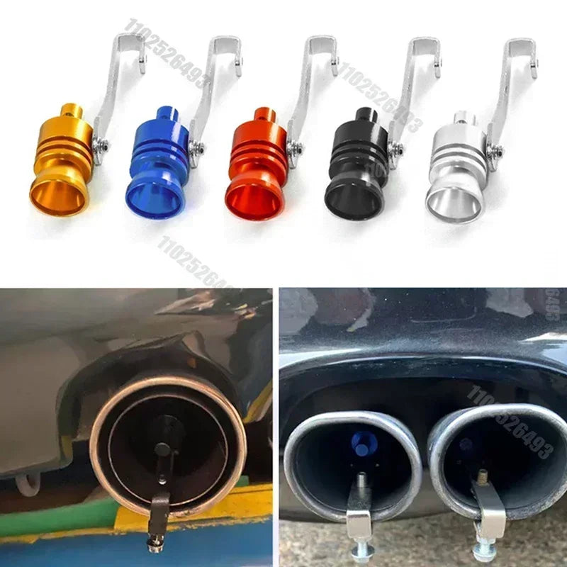 A set of turbo sound whistles in various colors including gold, blue, red, black, and silver for car exhaust pipes.