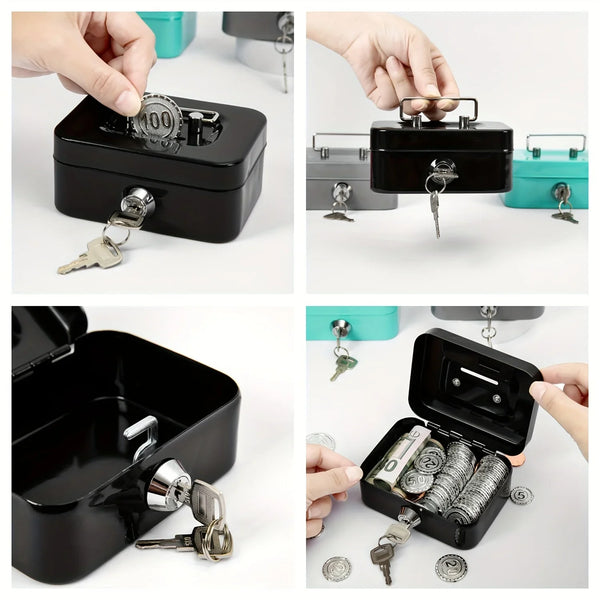 A black lockable metal cash box is shown with keys and coins, demonstrating its portability and security.