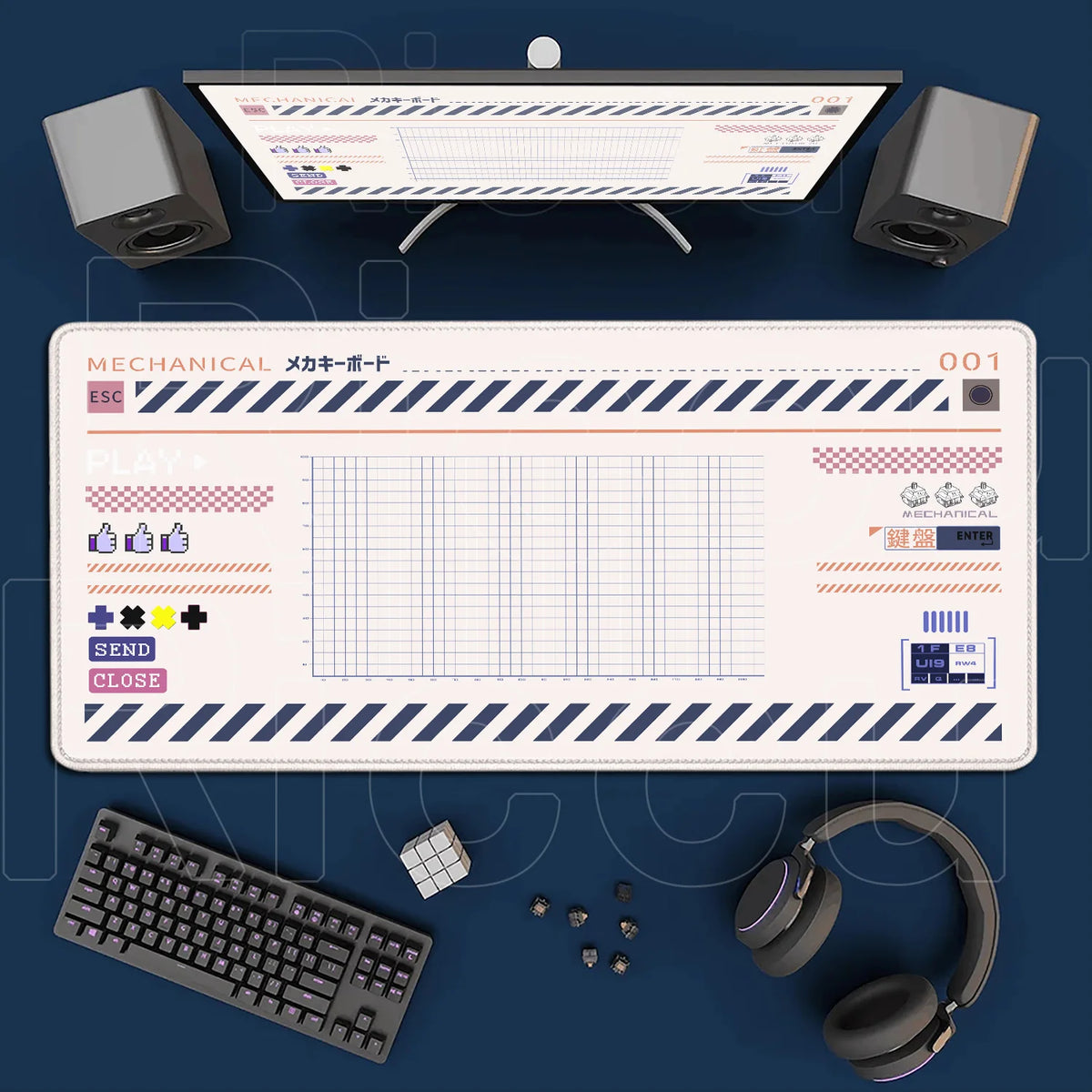 A Japanese art large mouse pad with a non-slip rubber base and accompanying mechanical keyboard components.