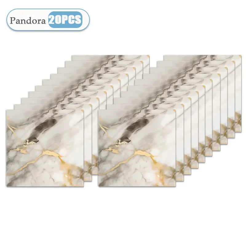 A pack of 20 self-adhesive waterproof tile stickers featuring a marble pattern for kitchen and bathroom decor.