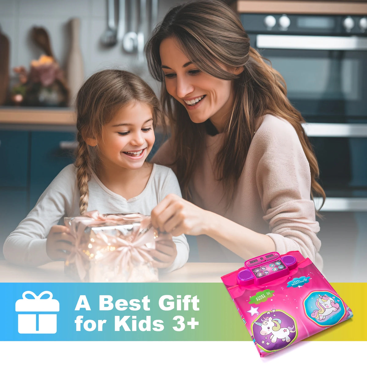 A woman is showing a child an interactive music dance mat with lights for kids.