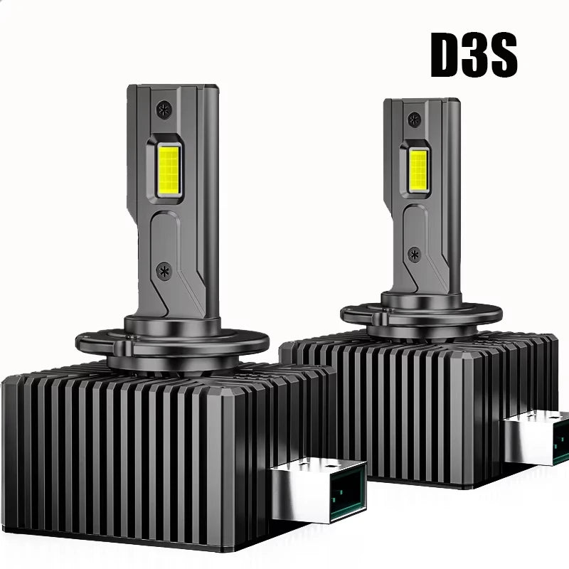 D3S LED headlight bulbs with canbus compatibility shown in a packaged form.