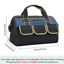 A black single-layer tool bag with blue accents and yellow trim shown from the top.