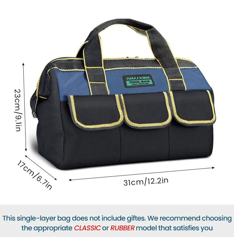 A black single-layer tool bag with blue accents and yellow trim shown from the top.