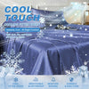 Blue ice silk cooling fitted sheet with snowflakes and text promoting cool touch and comfort