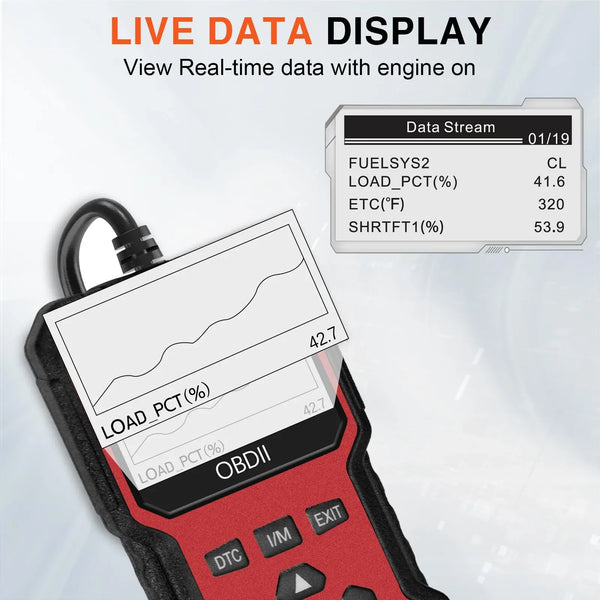 Nahaufnahme eines OBDII-Diagnose-Scanners mit Live-Datenübertragung.
