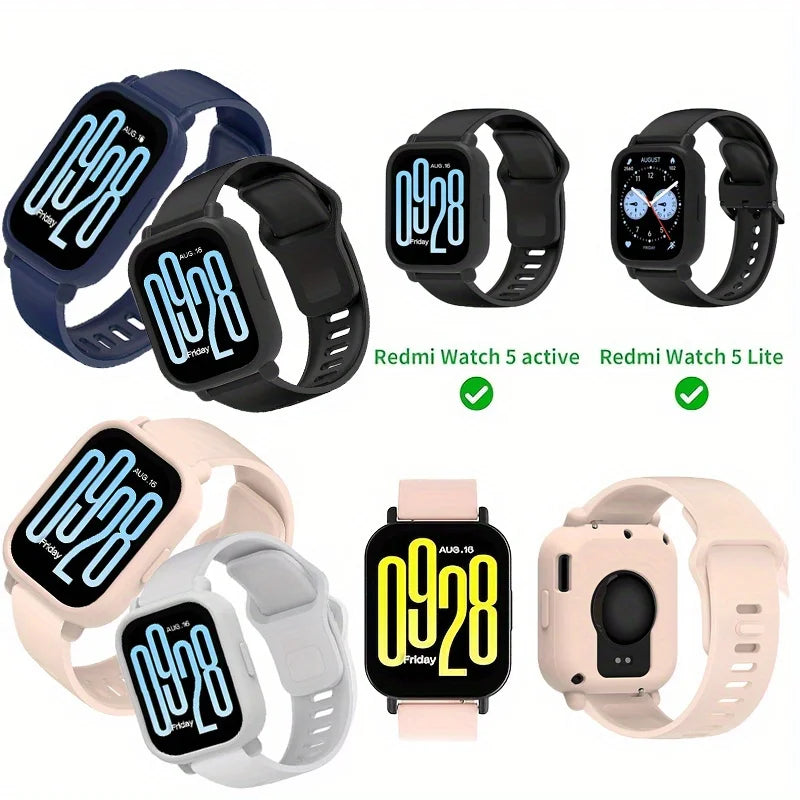 Silicone watch band and protective case for Redmi Watch Active 5 and Lite models shown in various colors.