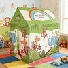 A green foldable play castle tent decorated with wildlife and a rainbow arch, set up on a colorful rug.