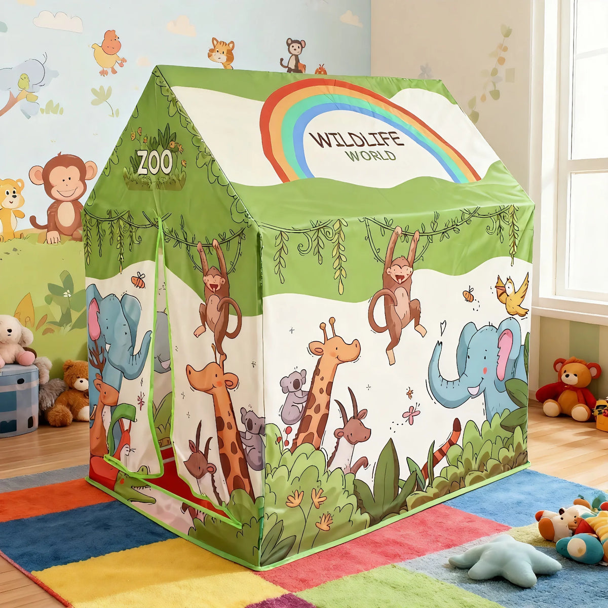 A green foldable play castle tent decorated with wildlife and a rainbow arch, set up on a colorful rug.