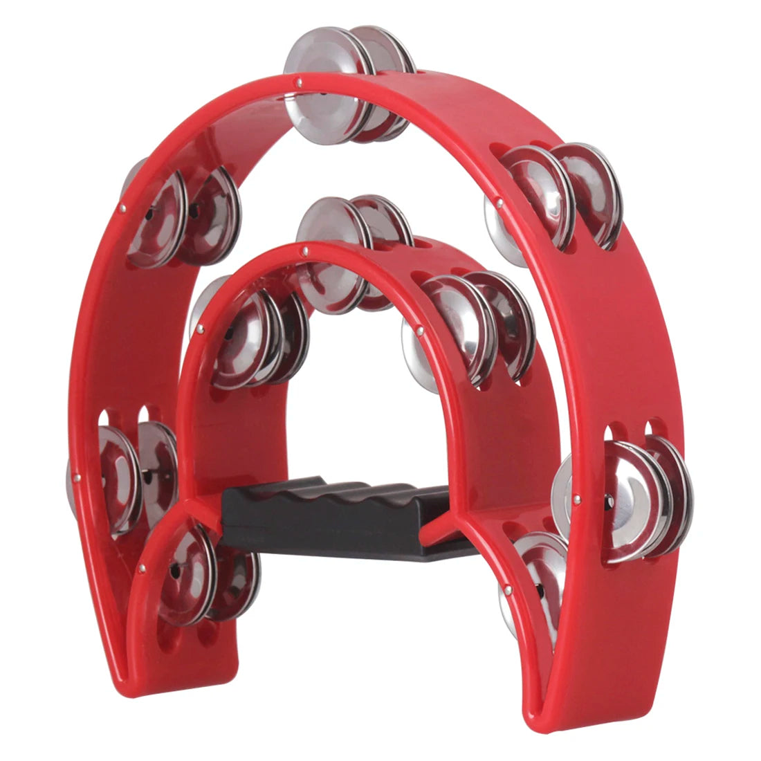 A red double-layer half moon tambourine with hand bells shown from the top view.
