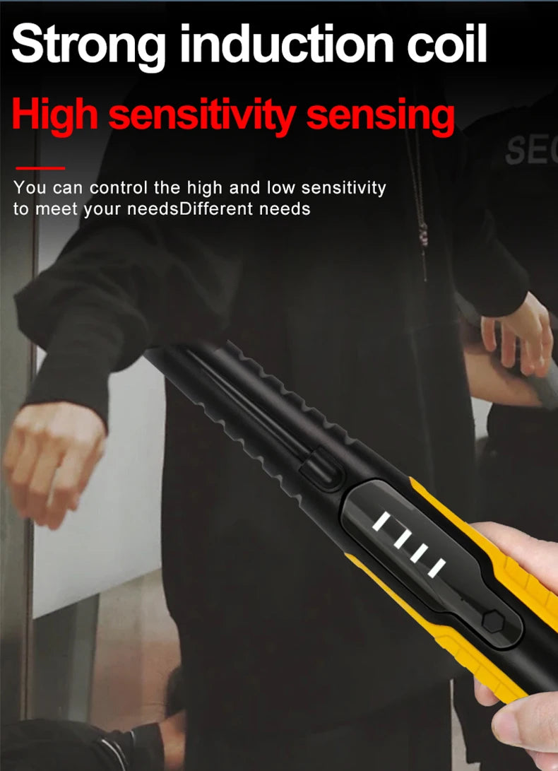 A hand holds an IP68 waterproof pinpointer metal detector with an LCD display, demonstrating strong induction coil sensing.