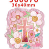 Pink acrylic hair bow decorations featuring a floral design and a cross shape
