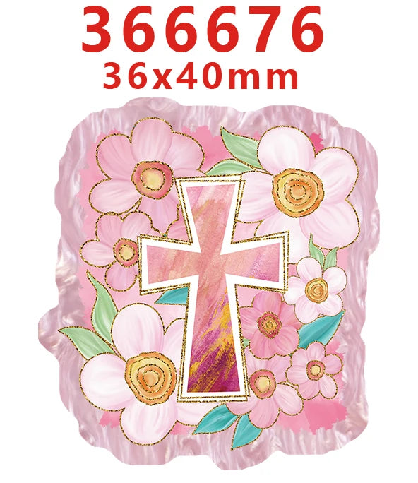 Pink acrylic hair bow decorations featuring a floral design and a cross shape