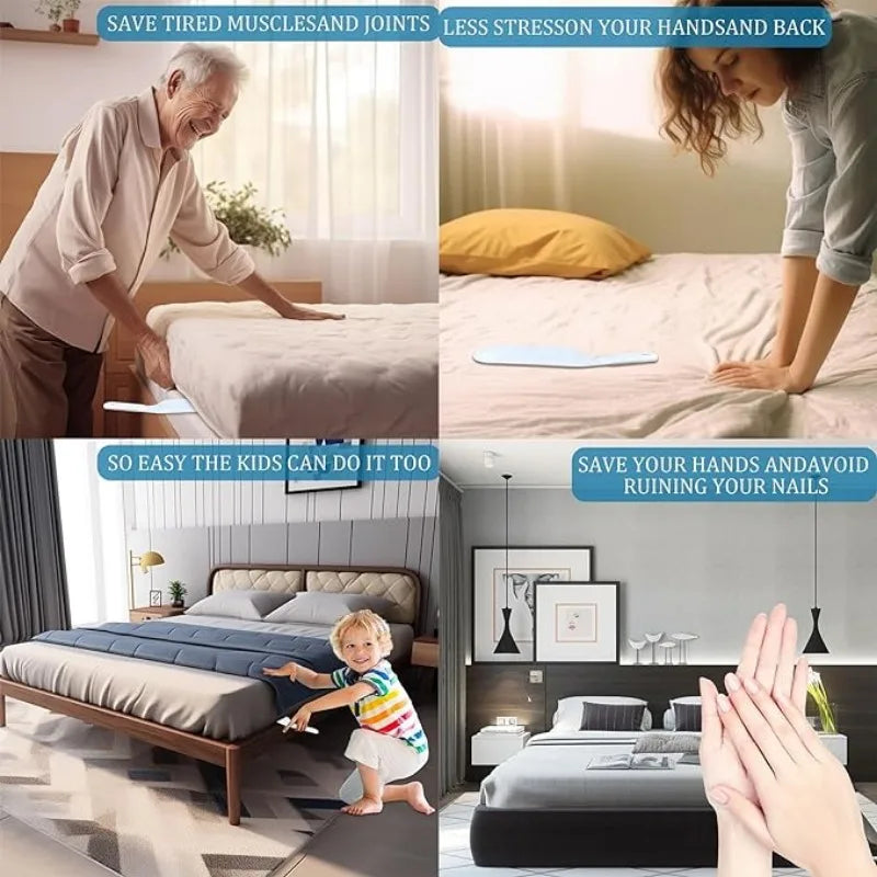 A hand uses an ergonomic non-slip bed sheet tucking tool to organize a bed sheet.