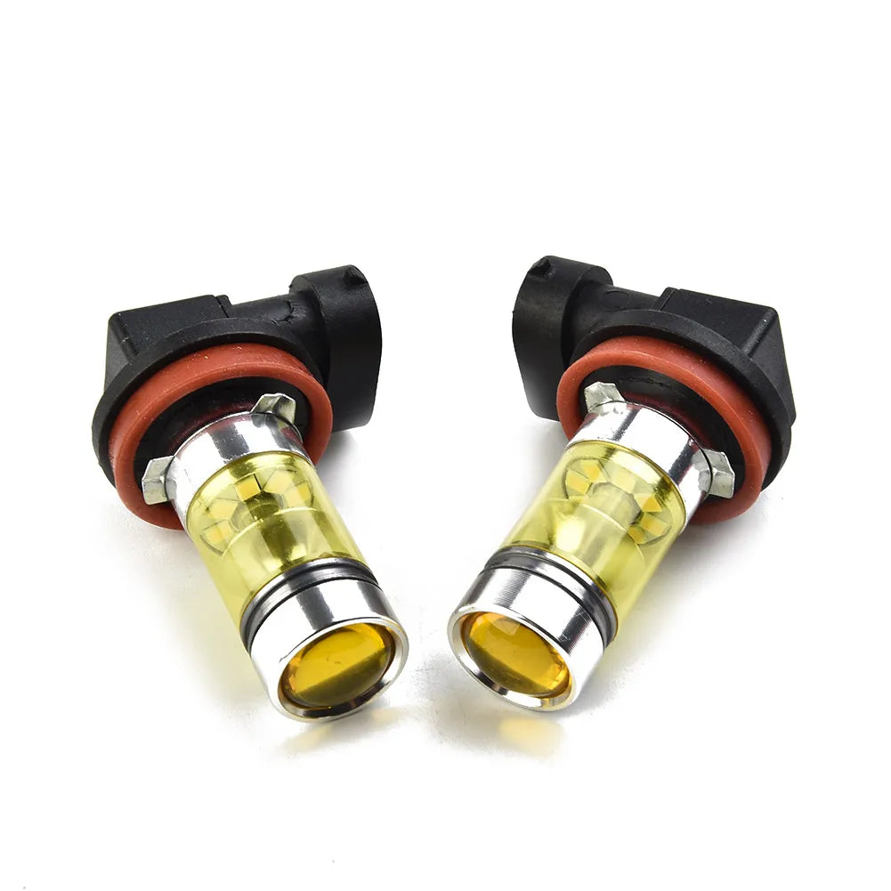 Pair of H11/H8 LED fog light bulbs with yellow light and black housing.
