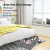 Under bed shoe storage organizer with a clear window and handles, shown next to a bed.