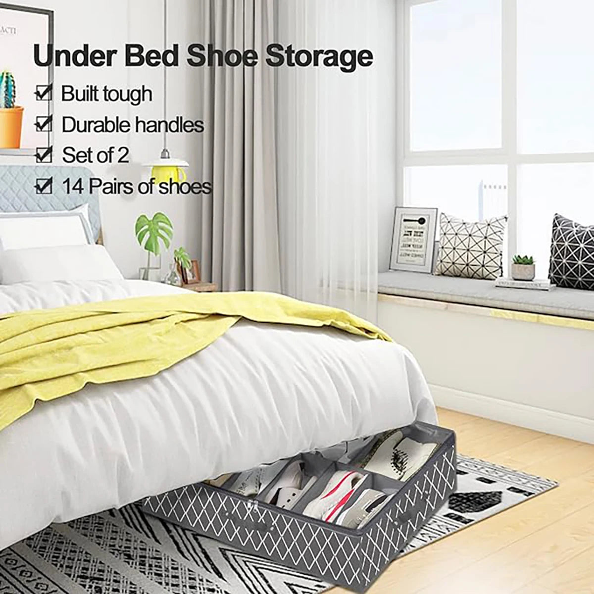 Under bed shoe storage organizer with a clear window and handles, shown next to a bed.