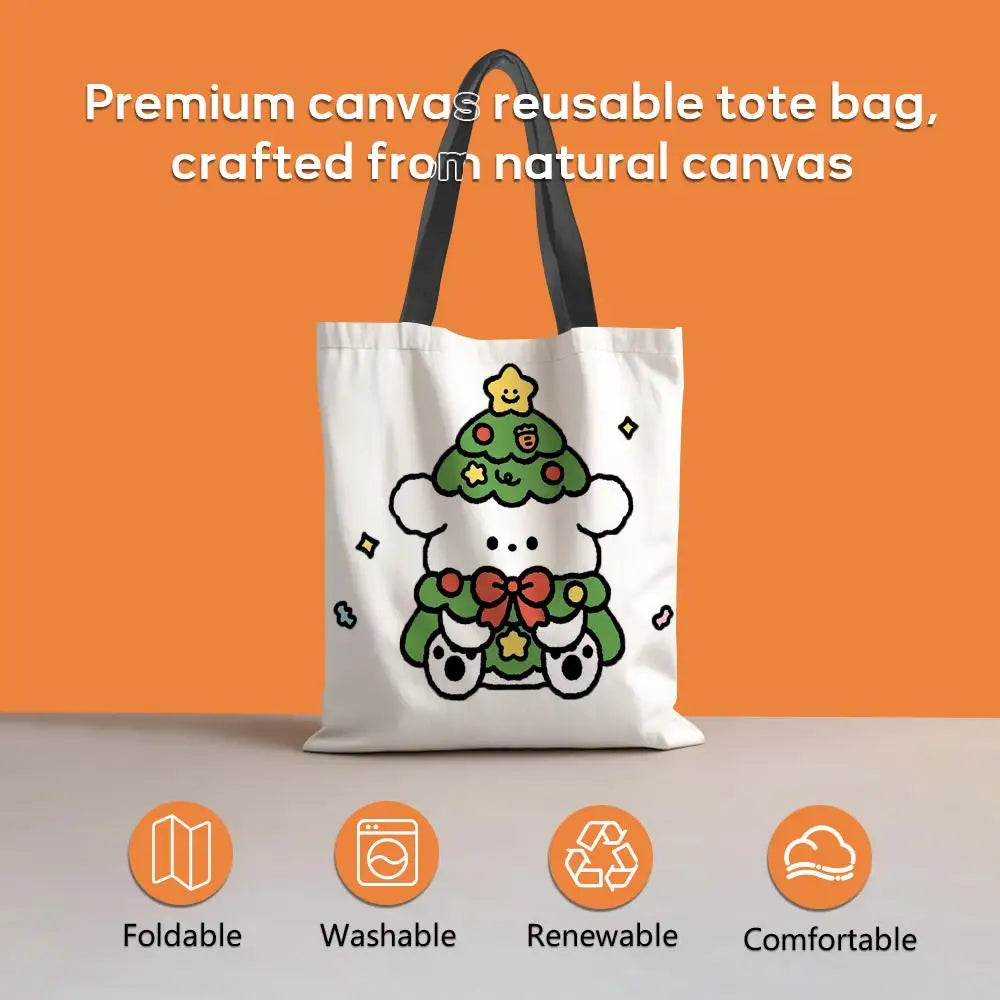 White canvas tote bag featuring a green Christmas tree character design